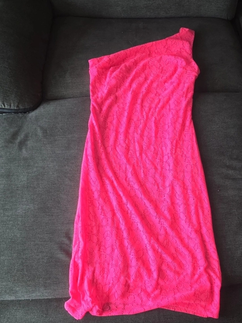 One-Shoulder Neon Pink Lace Dress